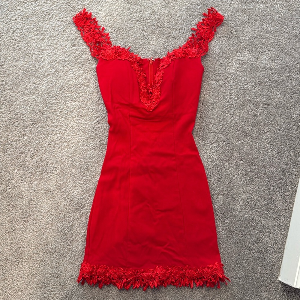 Red mini dress with lace detail